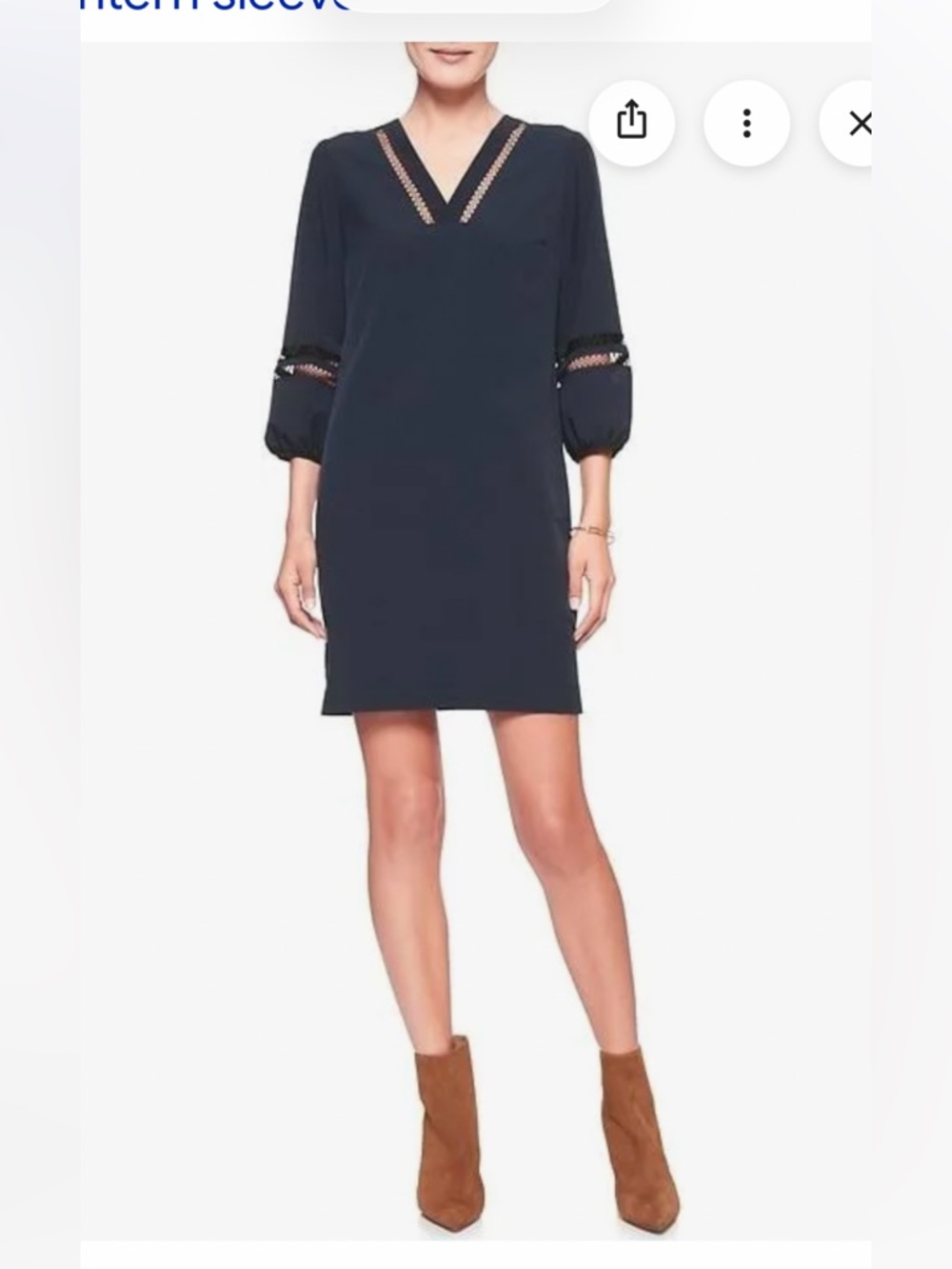 Banana Republic sz 6 V-Neck Navy Mini Dress Crochet Trim lantern sleeve shift